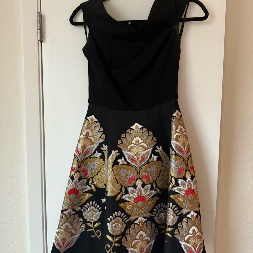 Ted Baker Black and Gold Fit and Flare Midi Dress AIRLO